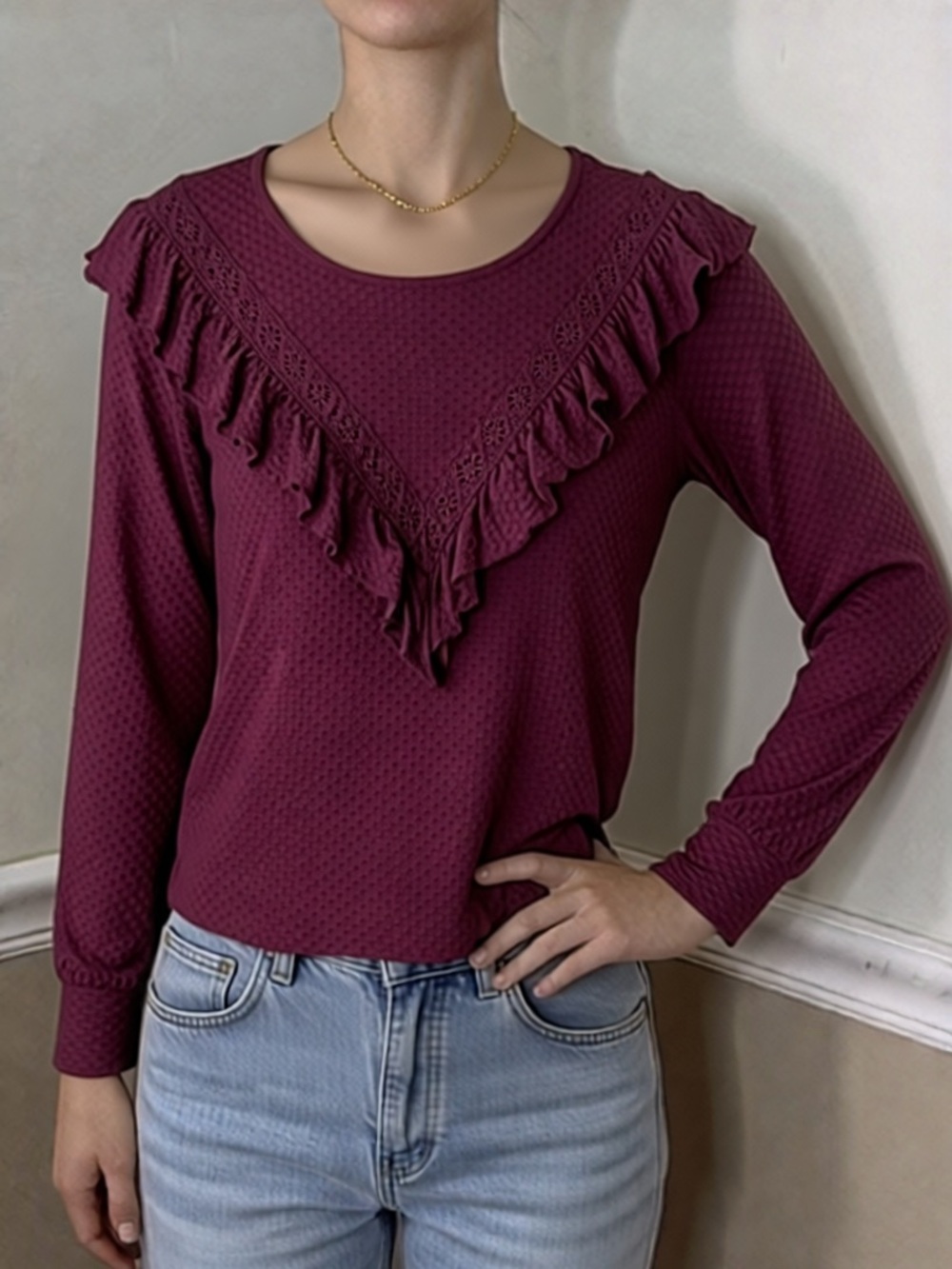 🩵 5 for $20! J. Crew Plum Ruffle Yoke Long-Sleeve Top